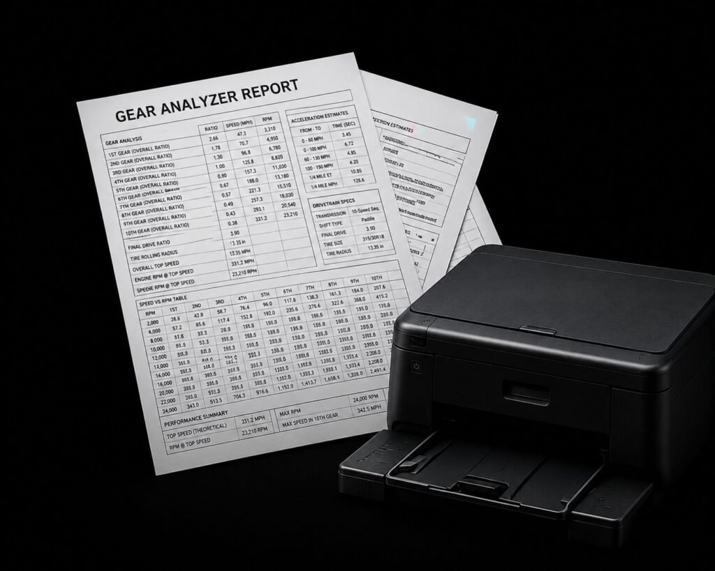 Gear analyzer for tire size, transmission ratios, RPM and race setup